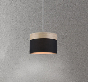 Pendant Light - Sleek Drum Shaped E27 200mm 72W Black and Timber