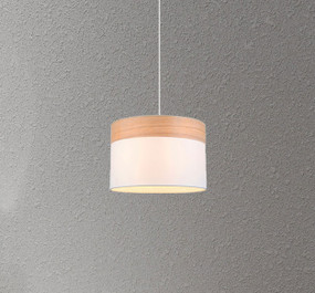 White and Timber Pendant Sleek Drum Shaped E27 200mm 72W