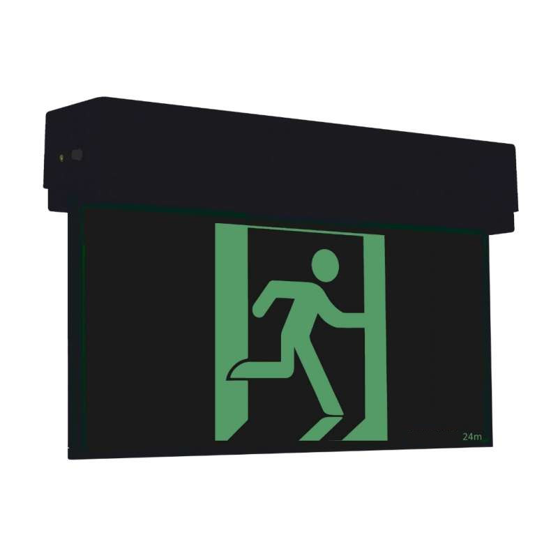 black exit sign with emergency lighting