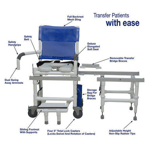 MJM International - Dual Shower/Transferchair w/deluxe elongated open front soft seat - 300 lbs weight cap. - D118-5-SLIDE-N - Description