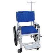NON-Magnetic Self Propelled Aquatic / Rehab shower transport chair 18" internal width- with 24" rear wheels with cushion seat- 350 lbs weight capacity - # 131-18-24W-MRI - Shown Here With Optional IV Pole