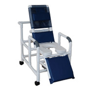 MJM International - Woodtone reclining shower chair with open front soft seat- 10 qt slide out commode pail & elevated leg extension- 325 lbs weight capacity - # WT193-SSDE-SQ-PAIL - Chair comes with brown PVC.