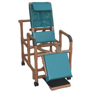 Woodtone reclining shower chair with deluxe elongated open front commode seat- footrest- padded elevated leg extension- 325 lbs weight capacity - # WT196