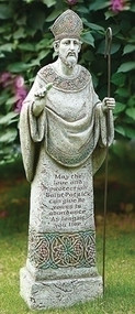Celtic Garden Collection ~ 26.5" St. Patrick. Written on front of statue: May the love and protection Saint Patrick can give be yours in abundance as long as you live."  Dimensions: 26.5"H 7.5"W 5"D. Resin/Stone Mix.