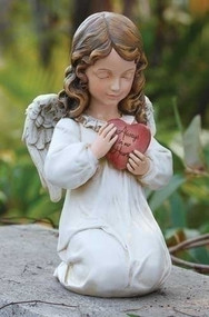 Memorial Angel holding a heart that reads: "Always in our Hearts". Resin Stone Mix, Dimensions: 11.75"H x 6.25"W x 6.88"D