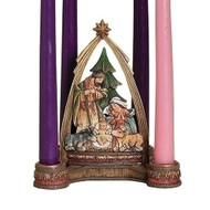 This Unique Advent Wreath allows you to celebrate Advent while also displaying the Nativity Scene. Wreath has room for each of the four weekly candles of Advent. The Holy Family is featured and presented under an arch, reminiscent of the stable, in the center of the wreath. Perfect for smaller spaces or as a tabletop centerpiece as it presents the two events in one artistic piece. Wreath is constructed of durable, attractive resin. 6.25"H  x 5.75"W x 4.125"D. Candles not included....to order see item ~ #101610

 