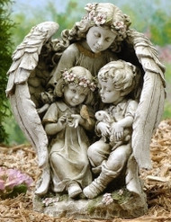 16"  Guardian Angel Holding Children Outdoor Garden Statue. 15.75"H x 9.25"W x  8.5"D ~ Resin Stone Mix