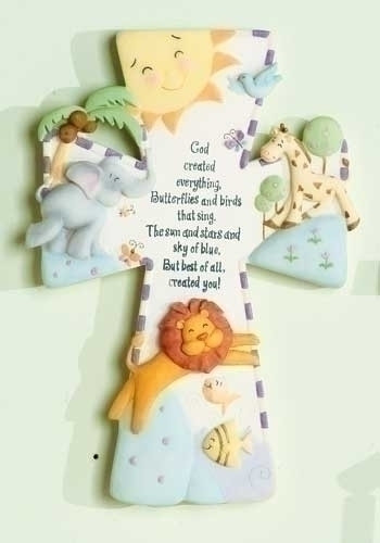 God Created Everything Wall Cross. This God Created Everything Wall Cross is a perfect gift for a baptism. The dimensions of the God Created Wall Cross are: 7"H X 5"W X .75"D. The God Created Wall Cross is made of a resin/stone mix. Wall Cross comes gift boxed