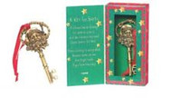 3 1/2" x 2" A Key for Santa Ornament. Gold Pewter with red satin ribbon. Box says "If a house has no chimney for santa to come in, or if the chimney's too small (Since Santa's not thin!) There's nothing to worry about because Santa can see how to get inside if you leave him a key!"