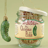 Christmas Pickle Ornament (In Glass Jar) ~ 2-piece set 
Here's the pickle "legend".  A very old Christmas Eve tradition in Germany was to hide a pickle [ornament] deep in the branches of the family Christmas Tree. The parents hung the pickle last after all the other ornaments were in place. In the morning they knew the most observant child would receive an extra gift from St. Nicholas. The first adult who finds the pickle traditionally gets good luck for the whole year.

 Both the jar and pickle come ready-to-hang on a gold cord 
Jar dimensions: 3"H x 2.6" diameter 
Pickle dimensions: 2.4"H x 1.25"W x 0.75"D 
Made out of Resin and Glass