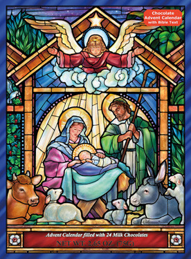 Advent calendar showing a Nativity scene depicted in stained glass