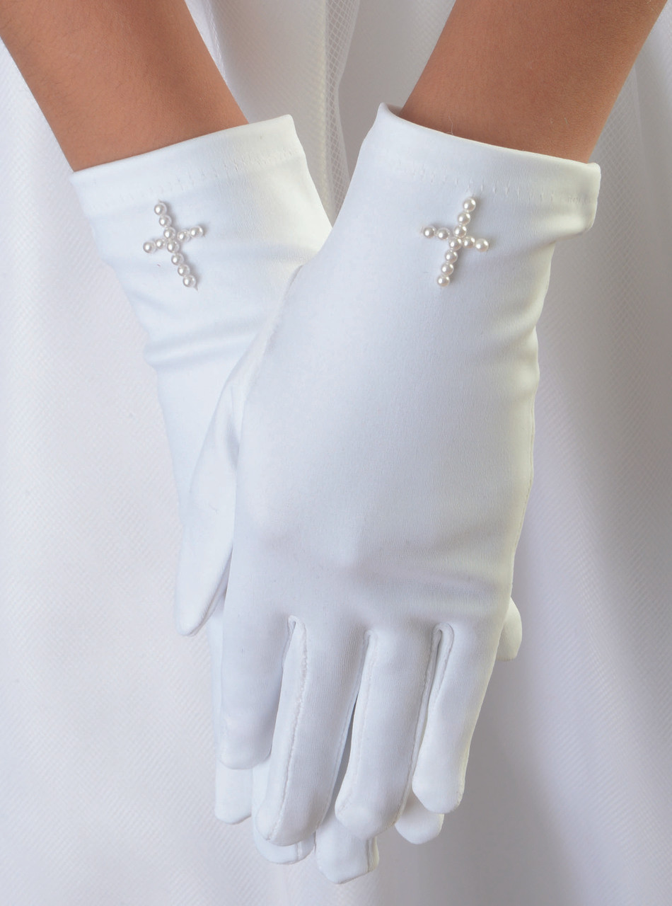 First Communion Matte Satin Gloves with Pearl Cross Giftswithlove,Inc.