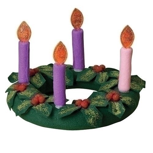 Fabric Advent Wreath.  This Advent wreath is made of fabric, perfect for children to play with and learn from. The candles are velcro, allowing them to be removed and place on the wreath with ease.The fabric wreath is decorated with fabric mistletoe for added Christmas decoration.   This fabric Advent wreath will allow your young children to be part of  Advent and celebrate right along with you. With one pink and three purple candles, this fabric wreath resembles a traditional one. 
