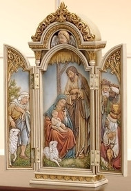 The Nativity Scene Triptych. Resin/Stone Mix. Dimensions: 12.75"H x 5.25"W x 2.25"D
