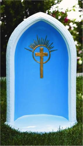 This 24"H cast stone pointed grotto features a gorgeous cross detailing at the center. This 24"H pointed grotto is designed to display an 18"H statue. You can find this in a natural cement color or with detailed stain that includes a blue background, white trim, and a gold cross.

Details:

Base width 15"
Base length 13"
55lbs
Allow 3-4 weeks for delivery
Made in USA