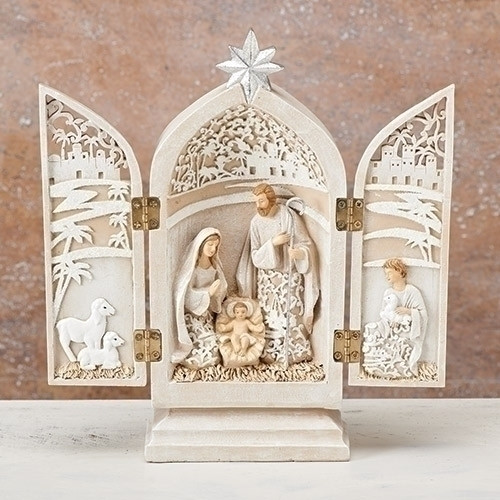 8.5" Triptych Holy Family in a paper cut design. dimensions: 8.46"H x 1.97"W x 7.87"L. Materials: Resin/Domolite