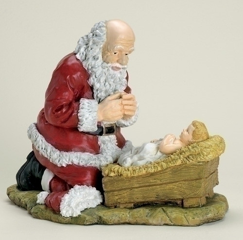 Kneeling Santa with Child Jesus. Materials: Resin/Stone Mix. Dimensions:  12"H x 12"L

 