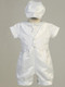 Satin romper with pique vest. Hat is included. Sizes: 0-3mos, 3-6mos, 6-12mos, 12- 18mos. Made in the USA