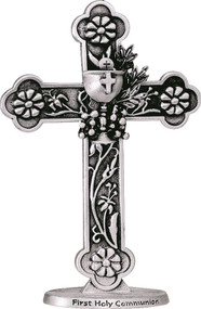 Floral Standing First Holy Communion Cross with grapes, wheat, and chalice. Engraved with "First Holy Communion" on base. Height: 5". Comes gift boxed.