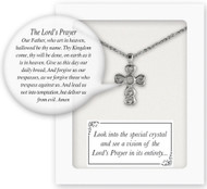 Small Cross Pendant with Vision of Our Lord's Prayer. Look into the crystal center to see a picture of our Lord's Prayer in its entirety!  13" Silver Plated with 1.5" chain extender.  Gift Boxed