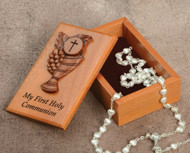2 1/2" X 4" "My First Communion" Keepsake Box. Mahogany Wood, Laser Cut, Velvet Lined. Rosary Not Included!