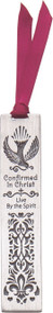 Confirmed in Christ Pewter Bookmark with dove and decorative design. Says "Confirmed in Christ, Live by the Spirit". Comes with a satin burgundy ribbon. 3.5" x .75".