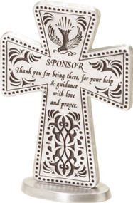 3" Standing sponsor cross with dove and decorative design. Says "Sponsor Thank you for being there, for your help and guidance with love and prayer". Comes gift boxed.