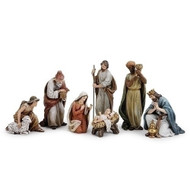 Nativity set with Baby Jesus, Mary, Joseph, the three kings, and the shepherd.