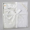 Three Piece Baptismal Set includes a Bib, Socks, and Blanket. Set is made of Polyester/Cotton, Spandex and Satin fabric. 
