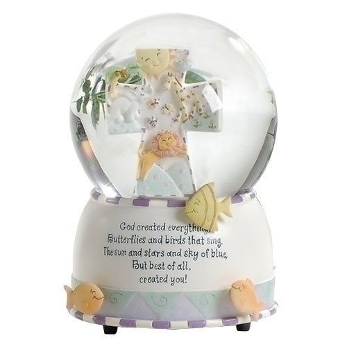 God Created Everything Musical Globe. Plays "Talk to the Animals". Dimensions: 6"H X 4.5"W X 4.5"D. Resin/stone mix. Gift Boxed