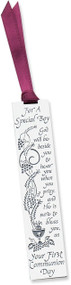 Stainless "First Communion Day" Bookmarks. "Special Boy" Bookmark measures 3.5" X 3/4".    Burgundy satin ribbon is attached. "God will be beside you to hear you when you pray and He is sure to bless you on Your First Communion Day"