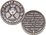 1.25" Diameter First Communion Genuine Pewter Pocket Token. The Verse of John 6:35 Inscribed on back:. "I am the bread of life ~ Whoever comes to me will never be hungry ~Whoever believes in me will never be thirsty" Bulk pricing available. 25+ brings price down. Will show at check out. 