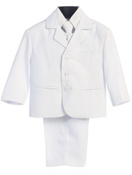 White Suit-This high quality five piece Communion suit is an incredible buy!  Set includes jacket, pants, vest, dress shirt and adjustable tie. Regular and Husky Sizes available.
 