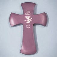 First Communion Wall Cross Solid wood satin finished carved chalice accent.  Complements Wooden Rosary Box 56791T