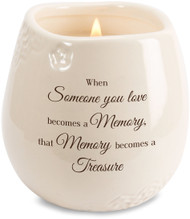 Ceramic vessel holds 8 ounces of 100% soy wax candle. Tranquility Scent. Measures 2.5L x 2.5W x 3.5H x 2.5D
"When someone you love becomes a Memory, that Memory becomes a Treasure"
