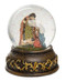 Nativity snow globe with Holy family with Mary in a blue cloak.