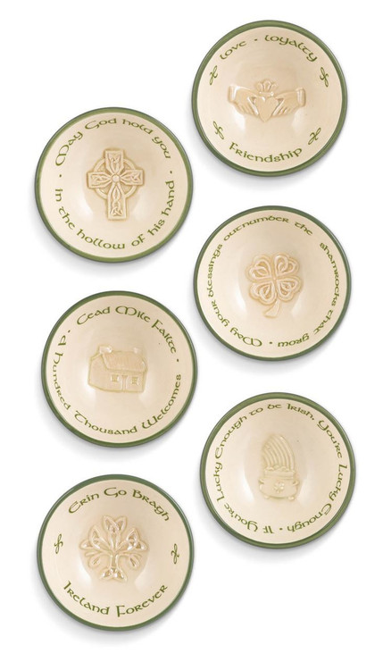 Ceramic Celtic Mini Trinket 2.5" Dishes. Six different styles and come in a 3.25" x 3.25"wooden gift box. Each style is sold separately

Love, Loyalty, Friendship (Claddagh) 
May God Hold You in the Hollow of His Hand (Cross) 
May Your Blessings Outnumber the Shamrocks That Grow (Shamrock) 
Cead Mile Failte - A Hundred Thousand Welcomes (House)
 If You're Lucky Enough To Be Irish, You're Lucky Enough (Pot of Gold)
 Erin go Bragh - Ireland Forever (Tree)
 