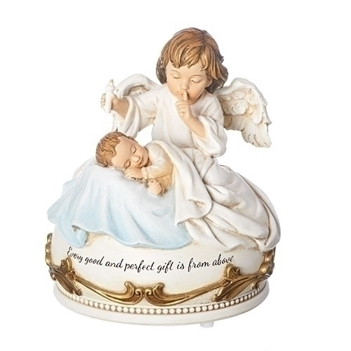Hush a Bye Baby Statue. 5"H Musical Angel Watching Over Baby Statue. Musical tune is Hush Little Baby.This Hush a Bye Baby Musical Statue is a resin stone mix. Written on the Hush a Bye Baby Statue is "Every good and perfect gift is from above."