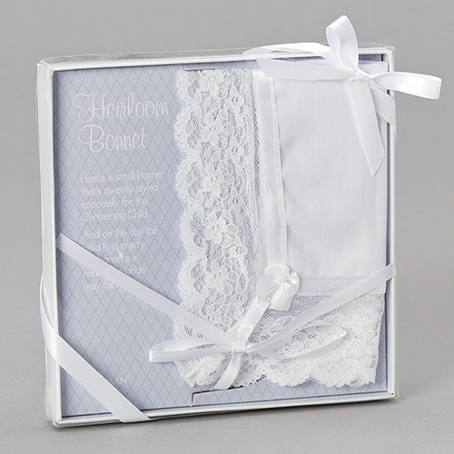 A Special and Unique Baptism gift. Baptism and Christening Bonnet is made of cotton and nylon fabric with a pearl accent and satin tie. The bonnet can be stored and used as Wedding hanky when she grows up! Hankie measures 12X12" without the Lace. Can be embroidered with name and date of baptism.  Comes gift packaged with gold ribbon and clear plastic top.