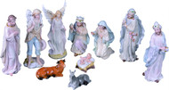 Procelain nativity measurements are  3.25" L x 2.25" W x 8" H. Pieces included: The Holy Family, The Three Kings, a Standing Angel, a shepherd, a donkey and an ox. Painted in pastel hues.