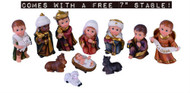 This adorable Children's Nativity is made of resin and comes with a FREE 7" stable. Dimensions of the Children's Nativity are 1.50" L x 1.00" W x 3.00" H. The FREE wooden 7" stable measures: 7"H x 5"D x 6"W.