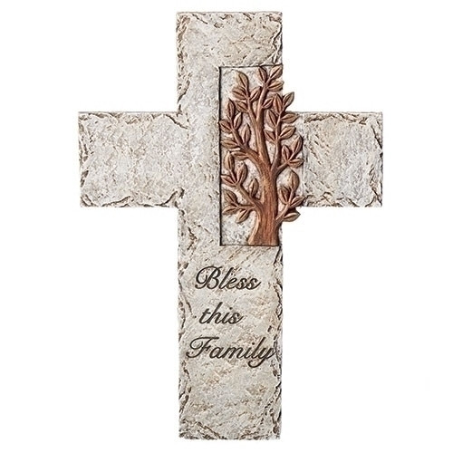 9.75" Tree of Life Wall Cross. Made of dolomite/resin. Bless this Family is written on the lower end of the cross. 
