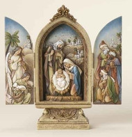 9" Holy Family Triptych with Kings and Angel. Materials are a Resin/Stone Mix. Dimensions: 9"H x 4.25"W x 2.25"D
