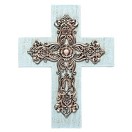 12.25"H Wall Cross. Wall cross is blue washed with scrolled layers. Made of a resin stone mix. Dimensions are 12.25"H x 9"W. 