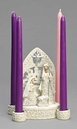 Celebrate the advent season with this 7"H white, classic, papercut style Advent candle holder. The figurine at the center shows a detailed and gorgeously designed Mary and Joseph looking over baby Jesus, with an intricate backdrop behind them. The four candle holders sit on the outside, with detailed holders. The candles are sold separately and can be found here!  This Advent candle holder is made with resin and dolomite. Dimensions are: 6.89"H x 3.74"W x 5.91"L

 

 