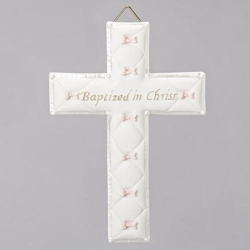 Bas Relief 6.5" Baptism Wall Cross.  This Bas Relief Baptism Cross is for a girl. This Baptism Wall Cross gift will be a delightful addition to the baby's nursery. The Baptism Wall Cross comes boxed for Baptism gift giving. The Baptism Wall Cross measures 6.5"H x 4.25"W x .5"D. The Baptism Wall Cross is made of a resin/stone mix.