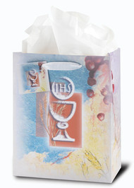 Holy Communion gift bags. Glossy bag with tissue paper and gift card. Small 3 3/4" x 5" x 2" or medium  7 3/4" X 9 3/4" x 4". Designed in Italy by the Studios of Fratelli Bonella. 