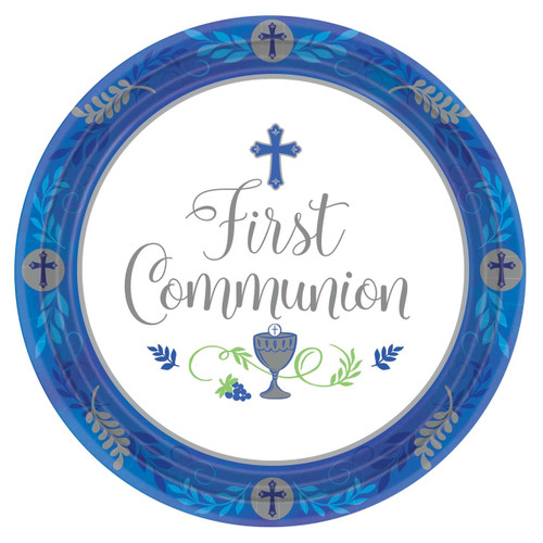 First Communion Paper Plates. 18 Count Plates are decorated with  Cross & Blessed Sacrament. Available in Pink or Blue 10-1/2" Diameter 


 
