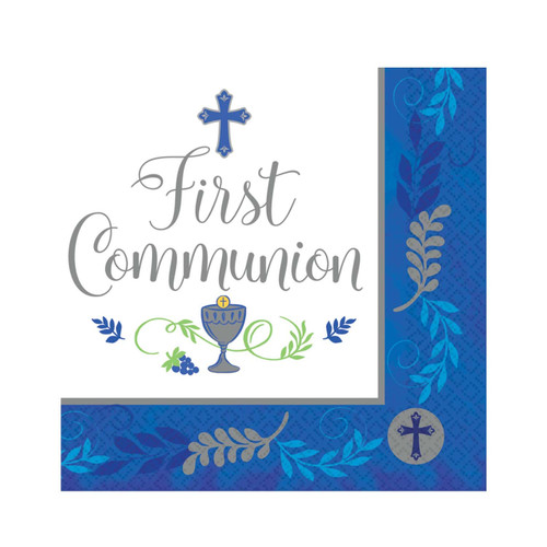 Add this Beverage napkin to the table for your child's First Holy Communion celebration.  The words, "First Communion"  are printed amidst a cross, the Blessed Sacrament,  grapes and wheat.  A decorative blue or pink trim stands out around the edge.  This design comes thirty-six to a package.  Additional party supplies in this design are available. Matching cups, plates and luncheon napkins are available!