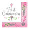 Add this Beverage napkin to the table for your child's First Holy Communion celebration.  The words, "First Communion"  are printed amidst a cross, the Blessed Sacrament,  grapes and wheat.  A decorative blue or pink trim stands out around the edge.  This design comes thirty-six to a package.  Additional party supplies in this design are available. Matching cups, plates and luncheon napkins are available!